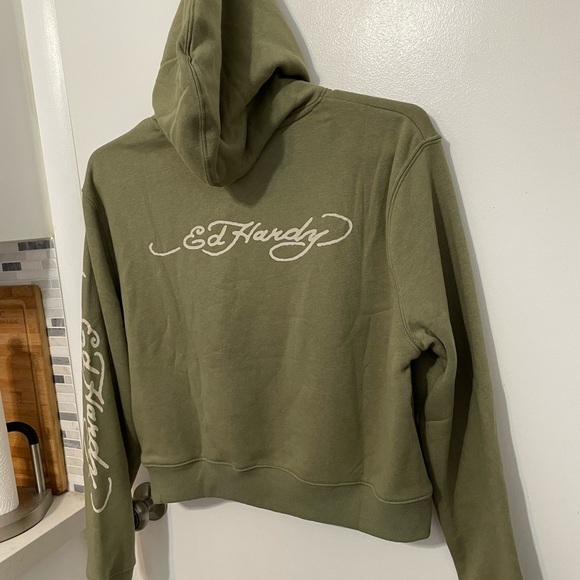Ed Hardy lt olive long sleeve pullover hoodie double sided graphics XL New - Picture 10 of 11